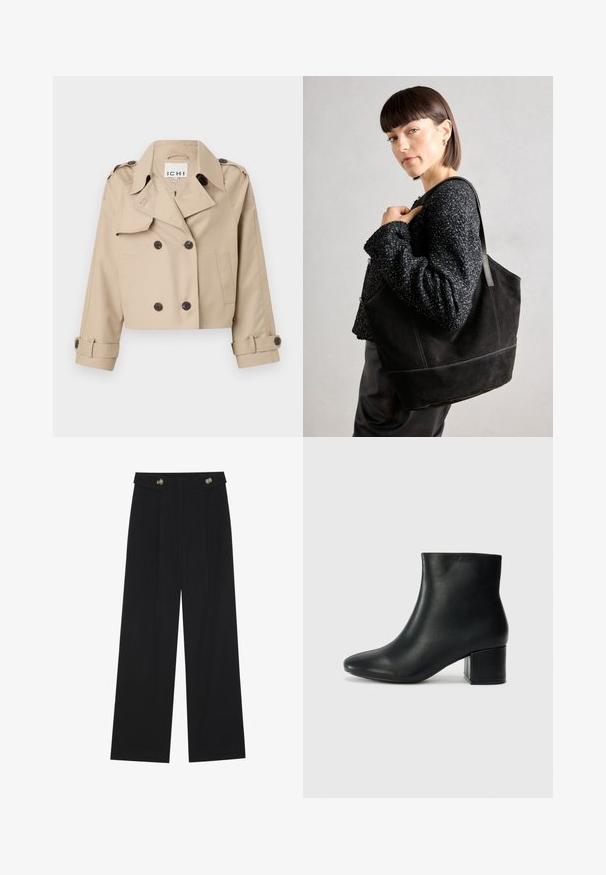 Beige cropped trench coat with double-breasted buttons, large collar, and rolled cuff accents. Made of smooth, lightweight fabric.; White short-sleeve t-shirt made of cotton. Features a relaxed fit with a crew neckline and slightly dropped shoulder seams. No patterns or accents.; Black wide-leg trousers with high waist, button details on waistband, and front pleats.; Black leather ankle boots with a pointed toe and a chunky heel. Smooth texture with minimal accents and a sleek, fitted design.; Black suede tote bag with a smooth texture, structured shape, and contrasting stitching. Features long straps for shoulder carry.