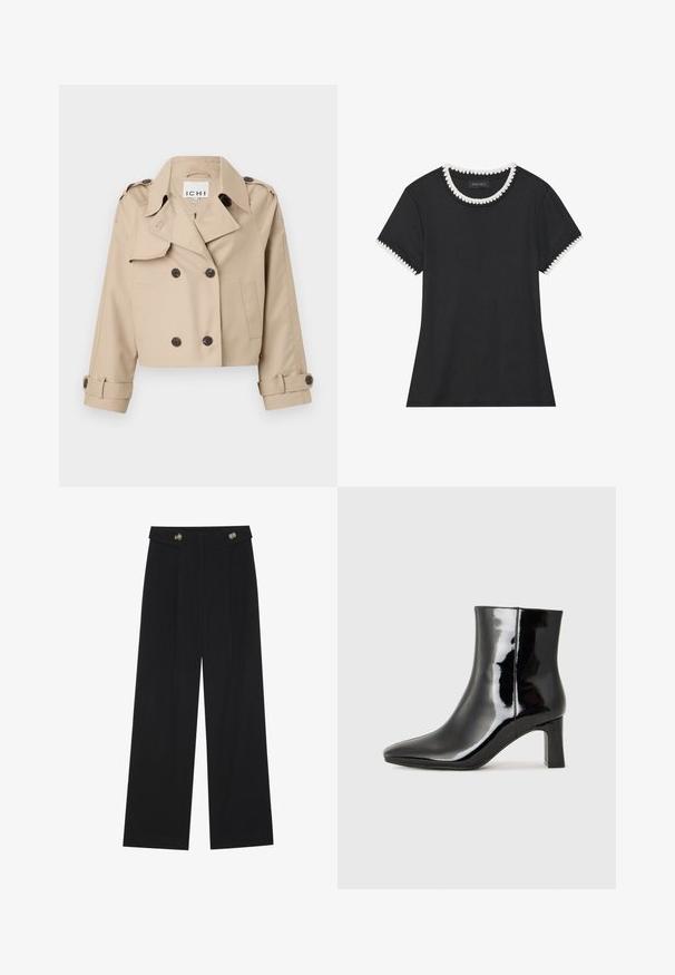 Bežna skrajšana trench jakna z dvojnimi gumbi, velikim ovratnikom in zavihanimi manšetami. Narejena iz gladke, lahke tkanine.; Črna majica s teksturo roma, okroglim izrezom, ki ima belo valovito obrobo, in kratkimi rokavi z ustreznimi valovitimi detajli.; Črne široke hlače s visokim pasom, gumbnimi detajli na pasu in sprednjimi gubami.; Črne lakirane gležnjarje z ošiljenim nosom in srednje visokim blokastim peto. Gladka tekstura in minimalističen dizajn.