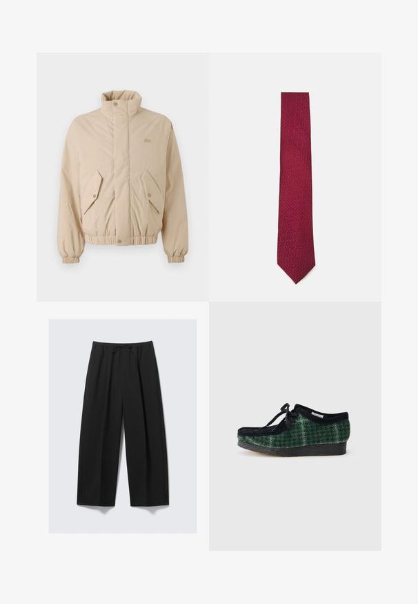 Beidzjā ar augstu apkakli un elastīgiem piedurknēm ir divas slīpās priekšējās kabatas. Satur zīmola logotipu, kas izšūts atbilstošā krāsā.; Jūras karafāns, izgatavots no mīksta auduma, ar V veida kakla izgriezumu, garām piedurknēm, sešiem pogu aizdariem un mazu zaļu logo uz krūtīm.; Īsām piedurknēm, pogājama krekla no off-white kokvilnas. Iespējas: apkakle un kreisajā krūtī kabata ar vienkāršu dizainu un mīkstu tekstūru.; Melni platajām kājām bikses, izgatavotas no viegla auduma, ar elastīgu jostu un saiti, bez redzamām kabatām.; Zaļas un melnas rakstainas kurpes ar zamša augšdaļu, apaļiem pirkstiem, auklām un strukturētu gumijas zoli.; Burgundas krāsu saite ar smalku ģeometrisku rakstu, izgatavota no gludas auduma, ar šauru vilkumu un punktētu galu.