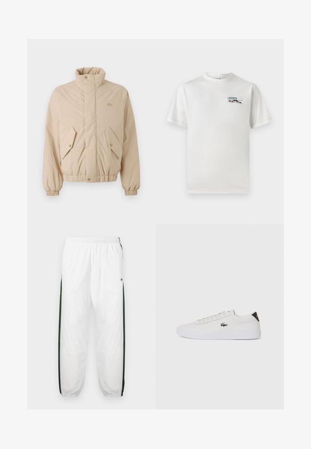 Beige párnázott dzseki magas gallérral, rugalmas mandzsettákkal és két ferde elülső zsebbel. Jellemzője a márkafelirat, amely azonos színben van belevarrva.; Fehér pamut póló kerek nyakkivágással, rövid ujjal és egy kis gépi hímzésű logóval, amely hegyeket és szöveget ábrázol a bal mellen.; Fehér sportnadrág sötétzöld oldalpanelekkel. Könnyű anyagból készült, rugalmas derékkal és gumis szegéllyel. Az oldalpaneleken hálós textúra található.; Fehér bőr sportcipő kerek orral, fűzős elülső résszel és fekete sarok akcentussal. Oldalán egy kis hímzett krokodil logóval rendelkezik.