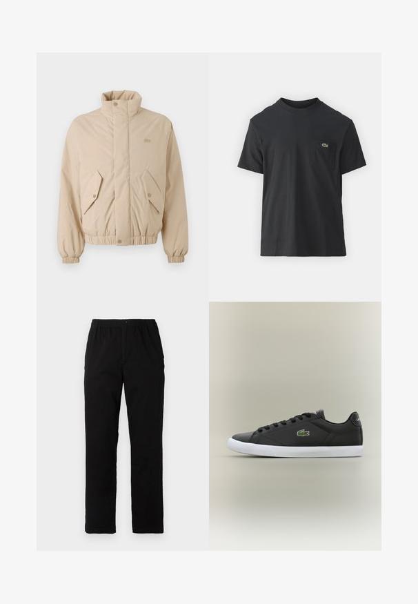 Beige padded jacket with a high collar, elastic cuffs, and two angled front pockets. Features brand logo stitched in matching color.; Black cotton t-shirt with short sleeves, round neckline, and a small green logo on the left chest pocket. Simple design, regular fit.; Black pants made of cotton blend fabric, featuring a straight cut, elastic waistband with button, and no visible patterns or accents.; Black leather sneakers with white rubber sole, featuring a green crocodile logo and round laces, sleek design with smooth texture.