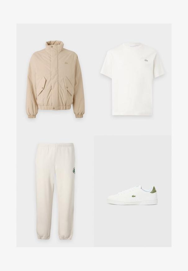 Beige párnázott dzseki magas gallérral, rugalmas mandzsettákkal és két ferde elülső zsebbel. Jellemzője a márkafelirat, amely azonos színben van belevarrva.; Fehér pamut póló rövid ujjakkal, diszkrét hímzett logóval és minimalista designnal. Puha tapintású, kerek nyakkivágású.; Világos bézs szabadidőnadrág, pamutból készült, rugalmas derékkal, bordázott mandzsettákkal, és zöld logóval, amely leveleket ábrázol, a bal lábon.; Fehér sportcipő sima textúrával, zöld akcentussal a sarkán, és egy kis hímzett krokodil logóval az oldalán.
