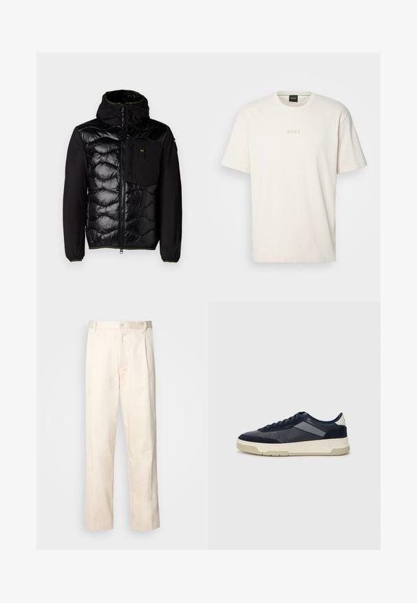 Fekete szigetelt dzseki steppelt elülső résszel, kapucnival és cipzáras zsebekkel. Az anyaga sima, a mandzsetták rugalmasak, zöld részletekkel.; BOSS TEE - Basic póló - open white; Beige pamut nadrág egyenes szárú kivágással, gombos záródással és elülső redőkkel a részletek fokozása érdekében.; BOSS BALTIMORE - Sportcipő - open blue