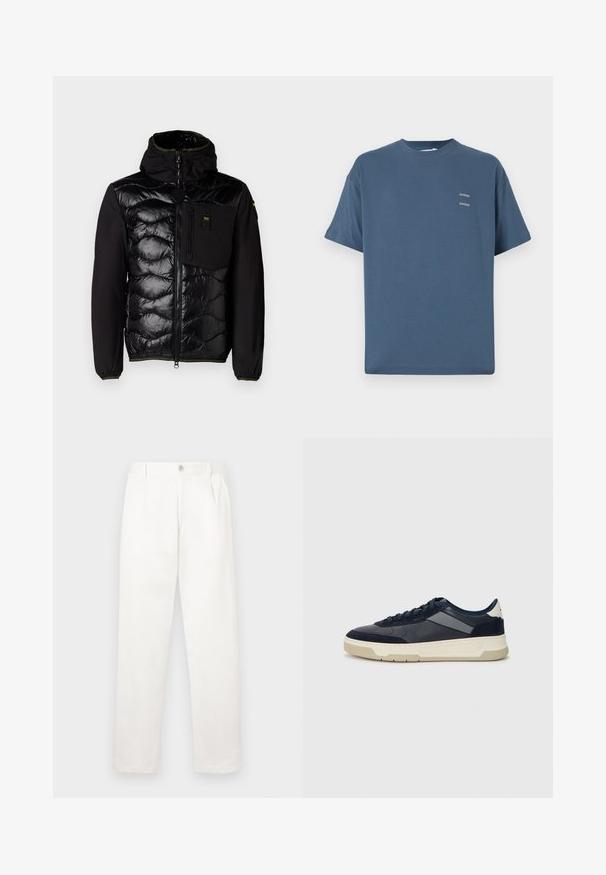 Čierna zateplená bunda s prešívaným predným dielom, kapucňou a zipsovými vreckami. Má hladkú tkaninovú konštrukciu a elastické manžety s zelenými akcentmi.; Modrá bavlnená tričko s klasickým okrúhlym výstrihom, krátkymi rukávmi, voľným strihom a dvoma malými potlačenými logami na hrudi. Hladká textúra.; Biele nohavice vyrobené z hladkej tkaniny, s rovnými nohavicami, prednými záhybmi a jedným gombíkom na zapínanie v páse.; BOSS BALTIMORE - Tenisky - open blue