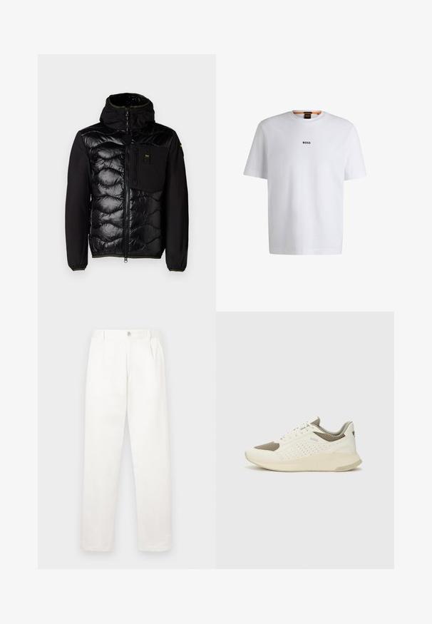 Čierna zateplená bunda s prešívaným predným dielom, kapucňou a zipsovými vreckami. Má hladkú tkaninovú konštrukciu a elastické manžety s zelenými akcentmi.; Biela bavlnená tričko s krátkymi rukávmi, na prednej strane so stredne umiestneným čiernym logom "BOSS" a okrúhlym výstrihom.; Biele nohavice vyrobené z hladkej tkaniny, s rovnými nohavicami, prednými záhybmi a jedným gombíkom na zapínanie v páse.; Biele a svetlo béžové športové tenisky s hornou časťou z mriežkového materiálu, perforovanými detailmi a textúrovanou medzipodrážkou s logom na päte.