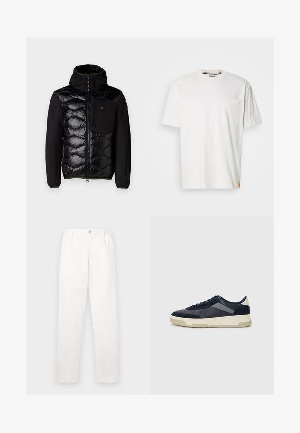 Fekete szigetelt dzseki steppelt elülső résszel, kapucnival és cipzáras zsebekkel. Az anyaga sima, a mandzsetták rugalmasak, zöld részletekkel.; Fehér pamut póló kerek nyakkal, rövid ujjakkal és bal oldali mellzsebbel. Oldalvarrásán található egy kis logós cimke.; Fehér nadrág sima anyagból, egyenes lábbal, elülső pliszékkal és egy gombos záródással a derékon.; BOSS BALTIMORE - Sportcipő - open blue
