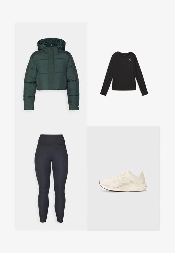 Lühem tume rohelise värvi sulejope kapuutsiga, millel on polsterdatud osad ja tõmblukuga sulgemine. Logo detail allservas. Sile nailonist tekstuur.; Must musta varrukatega sportlik topp, mis on valmistatud siledast kangast, ümmarguse kaelusega, valge Puma logo ja peene perforatsiooni detailidega külgedel.; Kõrge vöökohaga mustad ribakanga leggingsid, millel on täpselt sobiv disain, sile tekstuur ja täispikkus. Omab laia vööd toetuse tagamiseks.; Kerge beež jooksujalats, millel on tekstuuriga võrkkangas, roosa aksentliin, pehmendusega tald ja peegeldav hõbedane logo detail külje peal.