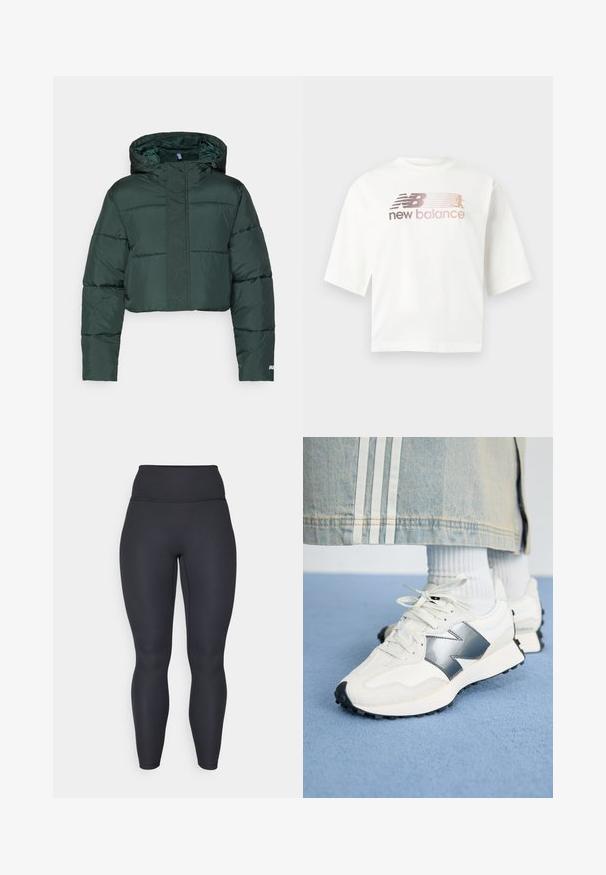 Lyhennetty tummanvihreä untuvapuku huppulla, jossa on pehmustetut osat ja vetoketjusuljenta. Logo yksityiskohta helman läheisyydessä. Sujuva nailonimateriaali.; Valkoinen lyhythihainen t-paita, valmistettu puuvillasta, jossa pinkki-harmaa liukuvärinen logo ja logon alla teksti "new balance".; Mustat korkeavyötäröiset ribbileggingsit, joissa on tiukka muotoilu, sileä rakenne ja täyspitkä malli. Ominaisuudet include leveä vyötärönauha tuen takaamiseksi.; Valkoiset urheilukengät hopea-akcentilla, teksturoitua kangasta ja sileää nahkaa; mustalla kumipohjalla ja nauhoilla varustettuna.