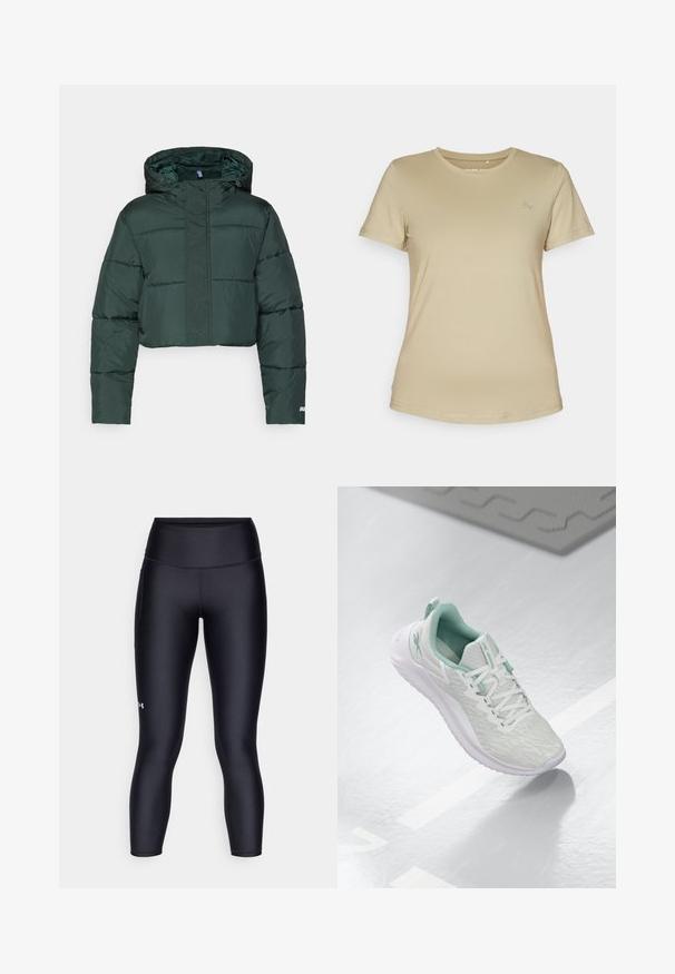 Beskyttende, mørkegrønn bomberjakke med hette, med polstrede seksjoner og glidelås. Logo detaljer nær nederkanten. Glatt nylon tekstur.; Beige kortermet t-skjorte i et glatt, elastisk stoff. Har rund hals og en subtil logo på øvre venstre brystområde.; Svarte leggings laget av glatt, elastisk stoff. Høyt liv med tettsittende passform og en liten logo på venstre ben.; Lys grå idrettssko med en teksturert strikket overdel, mintgrønne detaljer, hvite snøringer, gummisåle og en løftestropp på hælen.