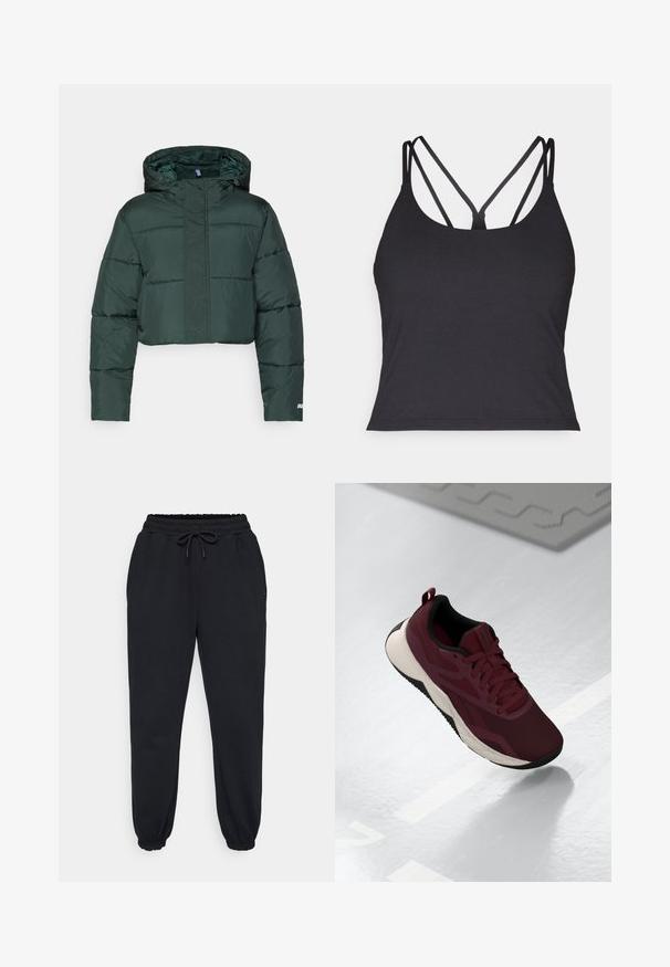 Chaqueta acolchada corta en verde oscuro con capucha, que cuenta con secciones acolchadas y cierre de cremallera. Detalle del logo cerca del dobladillo. Textura de nailon suave.; Top negro sin mangas con tirantes finos y un diseño entrecruzado en la parte posterior. Confeccionado en un material suave y elástico con una silueta ajustada.; Pantalones de chándal negros hechos de una tela suave, con una cinturilla elástica con cordón, bolsillos laterales y puños elásticos en los tobillos.; Zapatilla deportiva marrón con parte superior de malla, acentos negros y suela blanca acolchada. Cuenta con cierre de cordones y una lengüeta en el talón.