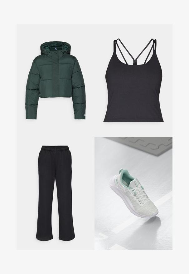 Zkrácená tmavě zelená péřová bunda s kapucí, která má polstrované části a zipové zapínání. Logo detail poblíž spodního lemu. Hladká nylonová textura.; Černé tílko s tenkými ramínky a křížovým designem na zádech. Vyrobeno z měkkého, elastického materiálu s přiléhavým střihem.; Černé tepláky s rozšířeným střihem, elastickým pasem a bočními kapsami. Vyrobené z měkké tkaniny bez viditelných vzorů nebo akcentů.; Světle šedá sportovní obuv s texturovaným pleteným svrškem, mátově zelenými akcenty, bílými tkaničkami, gumovou podrážkou a poutkem na patě.