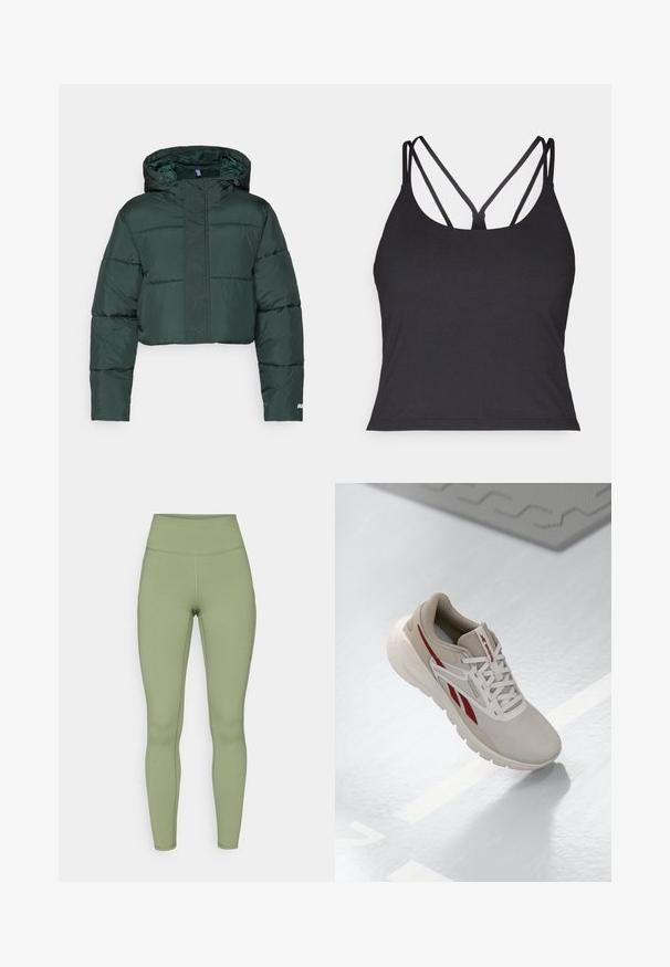 Lyhennetty tummanvihreä untuvapuku huppulla, jossa on pehmustetut osat ja vetoketjusuljenta. Logo yksityiskohta helman läheisyydessä. Sujuva nailonimateriaali.; Musta tank top ohutse olatustega, millel on risttõmme seljal. Valmistatud pehmest ja venivast materjalist, millel on keha lähedane siluett.; Vatsan korkeudella olevat legginsit oliivinvihreänä. Valmistettu joustavasta kankaasta, jossa on sileä pinta, ja joissa on ommeltuja saumoja jaloissa.; Beige urheilusandaalit punaisilla yksityiskohdilla, teksturoitu verkkomateriaali päällisessä, pehmustettu nilkkapanta ja kevyt pohja. Sivulla on logo ja nauhakiristys.