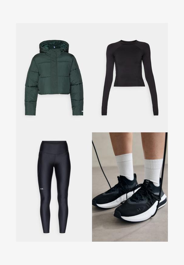Īsā tumši zaļā pūkainā jaka ar kapuci, kas apdarināta ar spilventiņiem un ar rāvējslēdzēju. Logo detaļa tuvu apakšmalai. Gluda neilona tekstūra.; Melna garo piedurkņu crop top blūze, izgatavota no elastīga auduma, ar apaļu kakla izgriezumu un raglan piedurknēm, kurām ir nemanāma šuvju detaļas.; Melnas leginses, kas izgatavotas no gluda, elastīga materiāla ar augstām jostām. Ir balta logo kreisajā augšstilbā un pieguļoša piegriezuma dizains.; Melni sporta apavi ar strukturētu audumu, balta zole un melni šņores. Valkāti ar baltām ribotām zeķēm, stāvot uz gaišas virsmas.