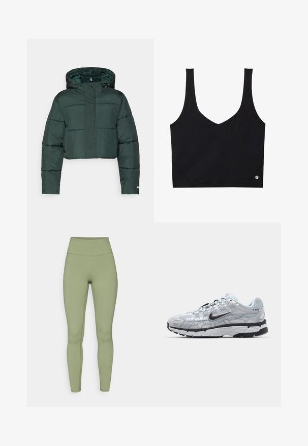 Zrezaná tmavozelená zateplená bunda s kapucňou, vyznačujúca sa vypchanými časťami a zipsovým uzáverom. Detail loga pri leme. Hladká nylonová textúra.; Čierny športový podprsenka so širokými ramienkami, dizajnom do V, textúrovanou tkaninou a logom na leme. Hladký povrch, minimalistický štýl.; Legíny s vysokým pásom v olivovej farbe. Vyrobené z elastického materiálu s hladkou textúrou, s prešitými švami pozdĺž nohavíc.; Tenisky Nike P-6000 s vrchným materiálom z jemnej šedej sieťoviny, čiernymi akcentmi a odolnou čiernou gumovou podrážkou. Obsahujú jemný dizajn a systém šnurovania.