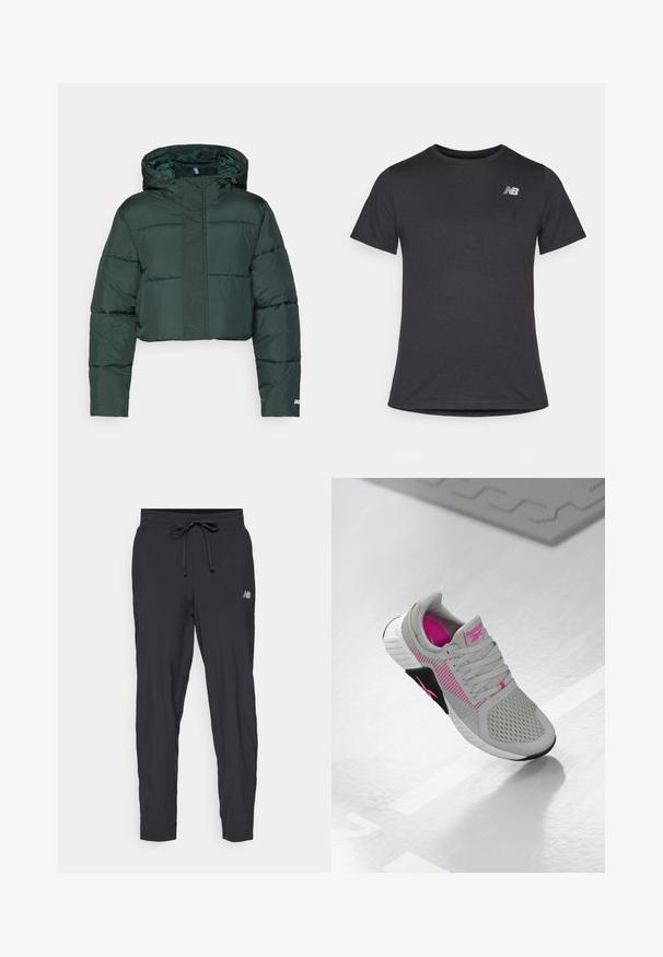 Przycięta ciemnozielona kurtka puchowa z kapturem, z poduszkowanymi sekcjami i zapięciem na zamek. Szczegół z logo w pobliżu dolnej krawędzi. Gładka nylonowa tekstura.; Czarny t-shirt z krótki rękawem, wykonany z miękkiej tkaniny, z małym szarym logo New Balance na górnej lewej części klatki piersiowej, klasyczny krój z okrągłym dekoltem.; Czarne spodnie dresowe wykonane z lekkiego materiału, z elastycznym paskiem w talii i regulowanym sznurkiem. Posiadają małe logo z boku.; Szare i różowe sneakersy sportowe Reebok z siateczkową cholewką i szczegółową podeszwą, wystawione na odbijającej białej powierzchni.