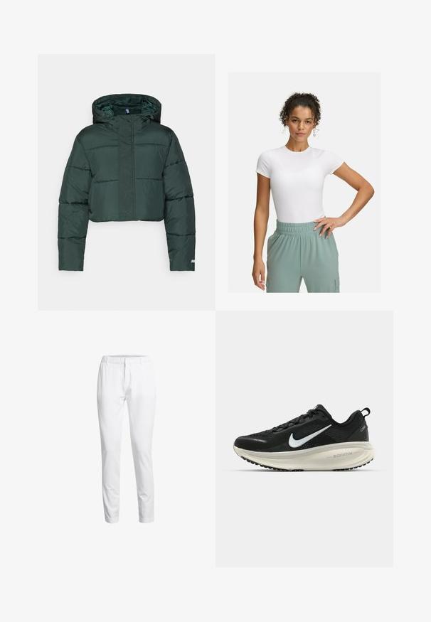 Lühem tume rohelise värvi sulejope kapuutsiga, millel on polsterdatud osad ja tõmblukuga sulgemine. Logo detail allservas. Sile nailonist tekstuur.; Valge lühikeste varrukatega T-särk, millel on sobiv lõige, kombineeritud helesiniste elastsete vöökohtpükstega. Sile tekstuur, minimalistlik disain ja nähtavaid mustreid pole.; Valged kitsene püksid, mis on valmistatud siledast kangast. Omavad lamedat esiosa, vööloopide ja puhta vöökoha disaini. Kotid ei ole nähtavad.; Musthave mustus Nike jooksujalats, millel on hingav võrgust ülemine osa, valge swoosh logo, tekstuuriga detailid ja kreemja värvusega ZoomX vahevöö.