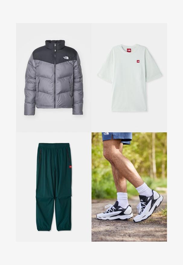 The North Face M SAIKURU JACKET - Casaco de inverno - smoked pearl; T-shirt de manga curta verde claro, feito de algodão macio, com uma pequena etiqueta de logo vermelha na área do peito esquerdo. Corte descontraído e gola redonda.; Calças exteriores em verde-escuro, com cintura elástica, dois bolsos laterais com fecho e punhos elásticos nos tornozelos. Material leve.; Ténis atléticos em preto e branco com parte superior em malha, detalhes texturizados e atacadores brancos. Usados com meias brancas até ao tornozelo e calções azul-marinho numa trilha.