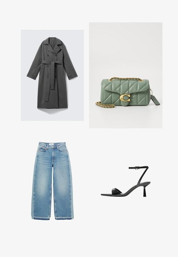 Cappotto grigio impermeabile con un frontale doppiopetto, vita con cintura, ampio colletto a punta e tasche laterali. Tessuto liscio con una finitura opaca.; Maglione nero a maniche lunghe in maglia con spalle imbottite e polsini e orlo a coste, mostrato su uno sfondo bianco.; Jeans azzurri a gamba larga realizzati in denim, con vita alta, chiusura con bottone, tasche anteriori e orlo grezzo.; Bershka Sandali con tacco - black; COACH TABBY SHOULDER BAG 20 WITH PILLOW QUILTING - Borsa a tracolla - sage