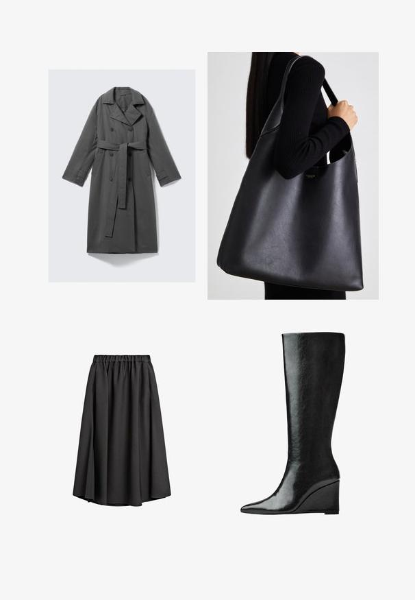 Grijze trenchcoat met een dubbelgeknoopte voorkant, ceintuur in de taille, brede notch-kraag en zijzakken. Glad stof met een matte afwerking.; Zwarte kortärm top met een ronde halslijn, voorzien van geplooide details en een strakke lijfje dat uitloopt bij de zoom. Gemaakt van zacht materiaal.; Zwarte midi rok van lichtgewicht, vloeiende stof met een elastische tailleband en een lichte A-lijn silhoutte. Geen zichtbare patronen of accenten.; Kniehoge zwarte leren laarzen met een slanke, puntige neus en een wiggle heel. Het oppervlak is glad met een glanzende afwerking.; Zwarte leren tote bag met een gladde textuur, oversized vorm en een enkele schouderband. Voorzien van een gouden logo-accent.