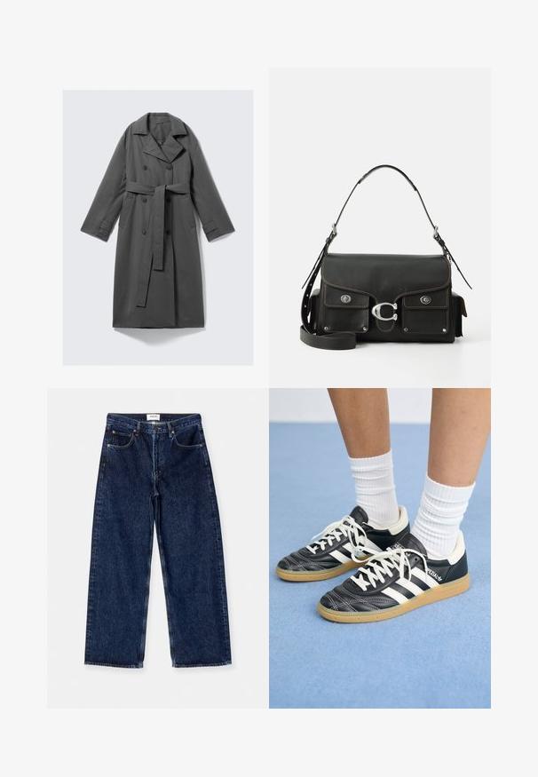 Impermeabil gri cu front cu două rânduri de nasturi, talie cu curea, guler larg, și buzunare laterale. Fabrică netedă cu un finisaj mat.; Tricou negru cu mânecă scurtă, fabricat din bumbac moale, cu un decolteu rotund și o croială lejeră, având un detaliu subtil plisat pe lateral.; Blugi de denim bleu închis, cu picioare largi, care prezintă o talie înaltă, buzunare frontale și o textură netedă cu accente subtile de cusături.; Adidași din piele neagră cu dungi albe, vârful rotund, șireturi albe și talpă din cauciuc natural. Accentuați de un guler căptușit și detalii de brand.; Geantă de piele neagră cu închidere prin clapetă, accesorii din argint, două buzunare frontale, cusături în contrast și un curea de umăr detașabilă.