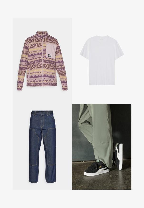 Oakley MOUNTAIN FIRE SHERPA - Polárdzseki - toadstool; Fehér pamut póló rövid ujjakkal, kerek nyakkivágással és sima textúrával. Minimalista logó található a nyakkivágáson.; Sötétkék farmernadrág, magas derekú, egyenes szárú dizájnnal, kontrasztos varrással és elülső zsebekkel.; Fekete velúr sportcipők fehér gumitalppal és oldalsávokkal, világos zöld cargo nadrággal párosítva, egy textúrált sötét felületen állva.