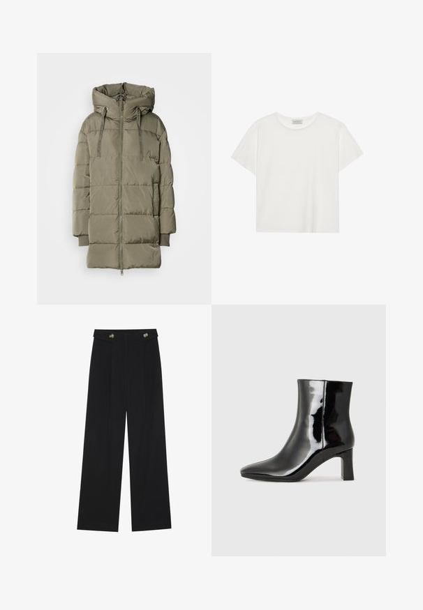 Olīvzaļš pūkains mētelis ar augstu apkakli, rāvējslēdzēja aizdari un elastīgiem piedurkņu galiem. Iespējas ir quiltots dizains ar gludu, spīdīgu tekstūru.; Balts īsām piedurknēm T-krekls, kas izgatavots no mīksta kokvilnas. Tam ir apaļš izgriezums un brīvs piegriezums. Tīrs dizains bez redzamām rakstiem vai akcentiem.; Melnas platās bikses ar augstu jostasvietu, pogu detaļām uz jostas un priekšējām krokām.; Melnas patentētas ādas potīšu zābaki ar norādītu pirkstu un vidēja augstuma kvadrātveida papēdi. Gluda tekstūra un minimālisma dizains.