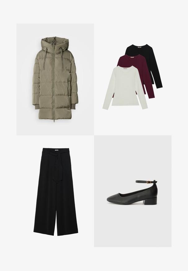 Maslinastozelena jakna s punjenjem, visokog ovratnika, sa zatvaranjem na patentni zatvarač i elastičnim manžetama. Ima kviltani dizajn s glatkom, sjajnom teksturom.; Majice s dugim rukavima u bijeloj, burgundijskoj i crnoj boji. Izrađene od mekog materijala, s okruglim izrezom i prilagođenim krojem. Pogodne za slojevito odijevanje.; Crne široke hlače od teksturirane tkanine, s elastičnom pojasom i odvojivim remenom na struku za prilagodivo pristajanje.; Crne kožne pumpe s oštrim vrhom i niskom blok petom. Sadrže remen oko gležnja s zlatnim kopčanjem. Glatka tekstura.