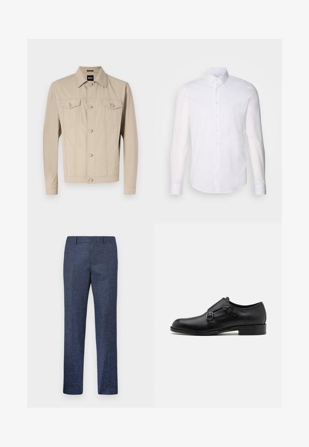 Jachetă din denim bej cu guler clasic, închidere prin butoane frontale și două buzunare la piept; prezintă detalii de cusătură și mâneci lungi.; Cămașă albă cu mânecă lungă, tip bluză cu nasturi, fabricată din bumbac, având un guler clasic, nasturi pe față și detalii minime de coasere.; Pantaloni bleumarin dintr-un material texturat, având picioare drepte, față plată și două buzunare laterale. Fără modele sau accente vizibile.; Pantofii de piele neagră cu două catarame, siluetă elegantă și vârf rotund. Au un toc mic și o textură netedă.