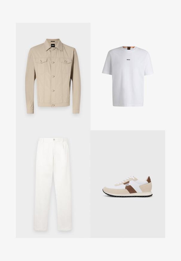 Bēša denima jaka ar klasisku apkakli, priekšējo pogu aizdari un divām krūšu kabatām; ir šuvju detaļas un garas piedurknes.; Balta kokvilnas T-kreklu ar īsām piedurknēm, ar melnu "BOSS" logotipu centrā uz krūšu un apļa formas kakla dizainu.; Baltas bikses, izgatavotas no gludas auduma, ar taisnu kāju dizainu, priekšējiem krokām un vienu pogu aizdari jostasvietā.; Sneakeri, kas izgatavoti no balta sieta un beigu zamšas ar brūnu ādas akcentu. Apaļa purngala forma, plakana gumijas zole un auklu dizains.
