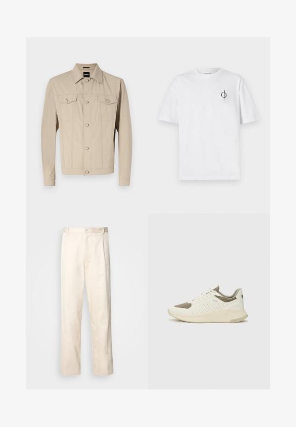 Beige denim jacket with a classic collar, front button closure, and two chest pockets; features seam detailing and long sleeves.; White cotton t-shirt with a relaxed fit, featuring a small black graphic logo on the left chest area. Short sleeves, crew neck style.; Beige cotton trousers with a straight-leg cut, featuring a button closure and pleats at the front for added detail.; White and light beige athletic sneaker, featuring a mesh upper, perforated detailing, and a textured midsole with branding on the heel.