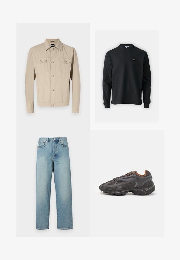 Bežna denim jakna s klasičnim ovratnikom, sprednjim gumbom in dvema žepoma na prsih; ima detajle šivov in dolge rokave.; Črna dolgi rokavi majica iz bombaža, z okroglim ovratnikom in majhnim zelenim vezenim logotipom krokodila na levem prsnem delu.; Svetlo modri jeans z ohlapnim krojem, ravnimi hlačnicami, petimi žepi in gumbom za zapiranje pri pasu. Minimalistični detajli šivanja.; Lacoste teniske v temno sivi barvi z mrežasto in sintetično prevleko, s teksturiranim podplatom in rjavimi detajli na ovratniku ter blagovni znamki.