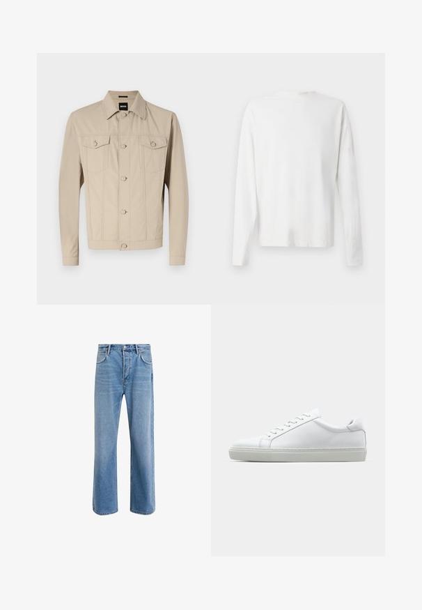 Beige denimjacka med klassisk krage, framknäppning med knappar och två bröstfickor; har sömdetaljer och långa ärmar.; Vit långärmad skjorta i bomull med rund halsringning, sidofickor längst ner och en slät yta, visad bakifrån.; Ljust blå denimjeans med rak passform, fem fickor, knappstängning, minimal blekning och kontrasterande sömdetaljer.; Vit sneaker med en slät läderövre och låg profil. Har en rundad tå, sex snörhål och en strukturerad gummisula.