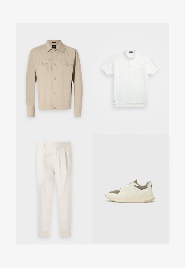 Beige denimjakke med klassisk krage, frontlukking med knapper og to brystlommer; har sømdetaljer og lange ermer.; Hvit polo skjorte laget av bomull, med klassisk krage, tre-knapps ståkrage og lomme på venstre bryst; liten logo ved kanten.; Hvite, pregede bukser med skreddersydd passform, som har en jevn tekstur, beltehemper og avsmalnende ben. Ingen synlige lommer eller mønstre.; Hvit og lysebeige treningssko, med en mesh-overdel, perforerte detaljer og en teksturert mellomsåle med merkevare på hælen.