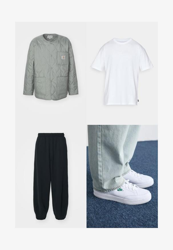 Quilted, long-sleeve jacket in light green, featuring snap buttons, two front pockets, and a square logo patch on the chest.; White cotton t-shirt with short sleeves and a round neck. Features a small, subtle Nike logo on the chest and a side label.; Black, elasticated-waist sweatpants with a loose fit, cuffed ankles, smooth texture, and no visible patterns or hardware accents.; White leather sneakers with green Nike logo, round toe, flat sole, paired with light blue denim pants, shown on a blue carpet.