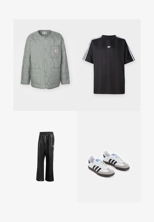 Quiltet, langermet jakke i lys grønn, med trykknapper, to frontlommer og et kvadratisk logo-lapp på brystet.; Svart t-skjorte med kort erm og hvite tre-stripes detaljer på skuldrene og en liten hvit logo på brystet. Mjuk stofftekstur.; Sorte syntetiske treningsbukser med elastisk midje, som har hvite sidestreker og en liten hvit logo på venstre hofte.; Sportssko med en hvit skinnoverdel, grå semsket tå og tre svarte striper. Har en blå logo på tungen og en teksturert gummisåle.