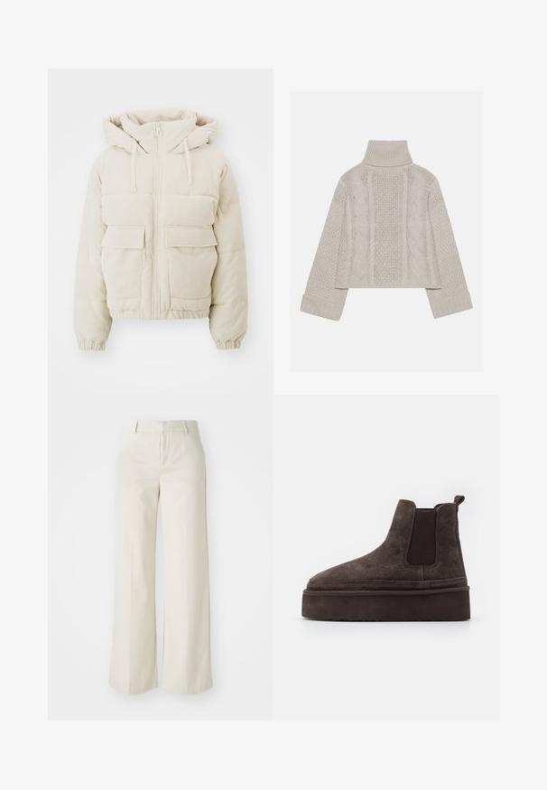 Väskin beige korduroyvade jakke, med lynlås foran, hette og to frontlommeposer. Har ribbet tekstur og elastiske mansjetter.; Lyhyt, vaaleanharmaa neulepusero korkealla kauluksella ja ribbireunuksilla, jossa on teksturoidut letkut kuvioita takana ja sivuilla.; Tilavat housut vaaleassa beigeissä sävyissä, valmistettu sileästä kankaasta. Ominaisuuksina klassinen vyötäröosa ja litteä etuosa, joissa on puhtaat linjat.; Kastanjanruske semiš Chelsea čizme s elastičnim bočnim panelima i debelim, teksturiranim platformom. Imaju petni trak za lakše obuvanje.