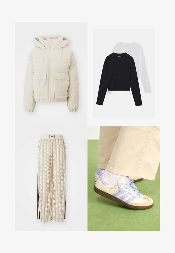 Casaco puffer em cordura bege com fecho de correr à frente, capuz e dois bolsos para o peito. Apresenta textura canelada e punhos elásticos.; Duas camisas de manga longa: uma preta e uma branca. Ambas apresentam um decote redondo, mangas raglan e um tecido macio em mistura de algodão.; Calças largas de cor creme com um padrão em zigzag, apresentando uma cintura com logotipo preto e riscas laterais pretas. Tecido leve e texturizado.; Sapatilhas em creme e lavanda com três riscas e uma sola castanha texturizada, apresentando atacadores e um calcanhar almofadado. Parte superior em tecido suave.