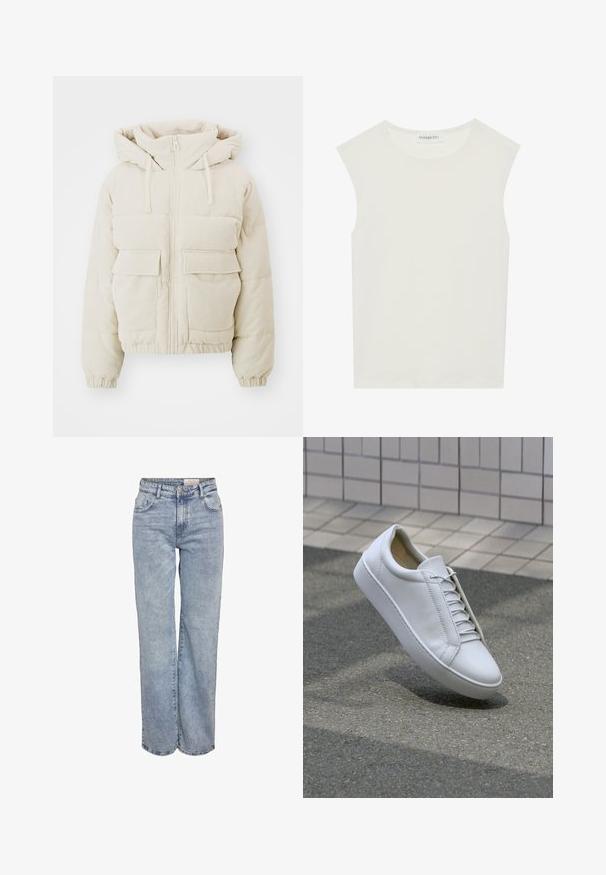 Veste matelassée en velours côtelé beige avec fermeture éclair à l'avant, capuche et deux poches plaquées à l'avant. Présente une texture côtelée et des poignets élastiques.; Haut sans manches blanc avec un col rond. Fabriqué en tissu lisse, il présente une coupe décontractée et un design minimaliste. Pas de motifs ni d'accents.; Jeans larges bleu clair en denim, dotés d'une taille haute, d'un design à cinq poches et d'un léger dégradé pour un aspect usé.; Baskets en cuir blanc avec un bout rond, une semelle plate et six paires d'œillets. Texture lisse et design minimaliste avec des détails de couture.