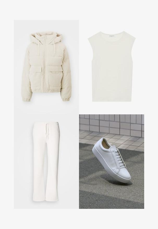 Beige corduroy puffer jacket with a zip front, hood, and two front patch pockets. Features ribbed texture and elastic cuffs.; White sleeveless top with a round neckline. Made of smooth fabric, it features a relaxed fit and minimalist design. No patterns or accents.; White, relaxed-fit sweatpants made of soft fabric, featuring an elastic waistband with a drawstring and straight-leg design.; White leather sneaker with a round toe, flat sole, and six pairs of eyelets. Smooth texture and minimalistic design with stitching details.
