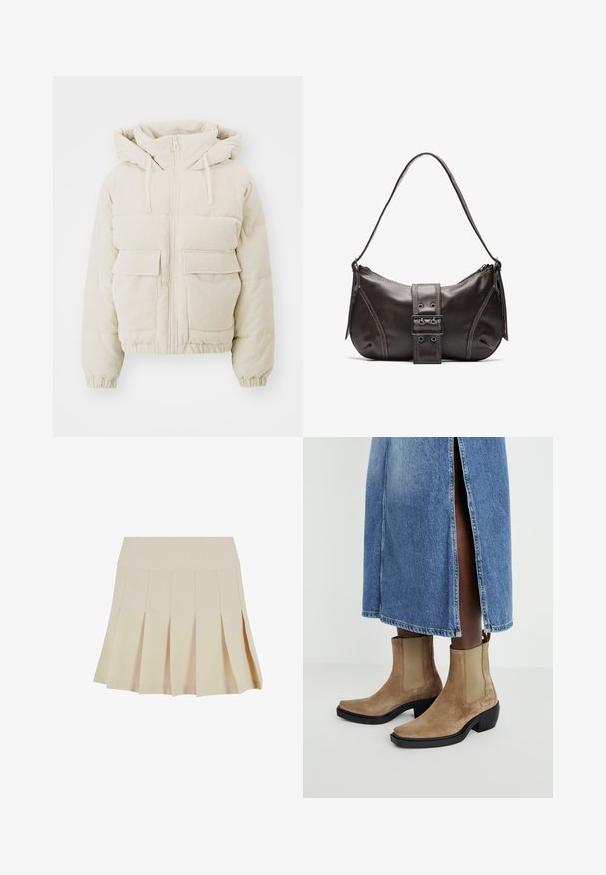 Beige Wellensteppjacke aus Cord mit Reißverschluss vorne, Kapuze und zwei aufgesetzten Vordertaschen. Verfügt über gerippte Textur und elastische Bündchen.; Drei Tanktops in Mintgrün, Schwarz und Beige; aus geripptem Stoff mit Rundhalsausschnitt und ohne Ärmel. Markenlabel sichtbar.; Beige Faltenrock mit einem taillierten Bund, aus einem glatten Stoff gefertigt. Verfügt über mehrere vertikale Falten und einen geraden Saum.; Wildleder-Stiefeletten in Tan mit elastischen Seitenpanelen und einem schwarzen Blockabsatz. Getragen mit einem hellblauen Denim-Rock mit seitlichem Schlitz.; Braune Lederumhängetasche mit gebogener Form, die mit einem auffälligen Schnallendetail, kontrastierenden Nähten und einem einzigen Schulterriemen ausgestattet ist.