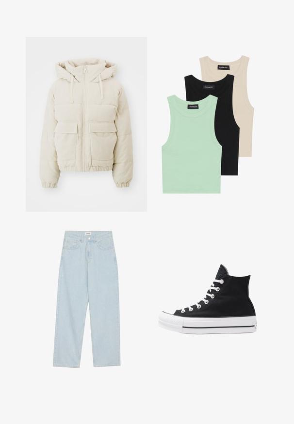 Beige corduroy puffer jacket with a zip front, hood, and two front patch pockets. Features ribbed texture and elastic cuffs.; Three tank tops in mint green, black, and beige; made of ribbed fabric with a round neckline and no sleeves. Brand label visible.; Light blue wide-leg jeans made of denim, featuring a mid-rise waist, five pockets, and a button closure with a slim metal accent.; High-top black canvas sneaker with white eyelets, laces, and rubber sole. Features a textured toe cap and black and white stripe accents.