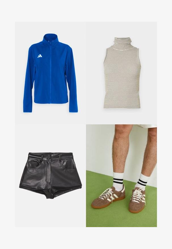 adidas Performance ADIZERO ESSENTIALS - Juoksutakki - team royal blue; Hihaton poolopaita, jossa on pystysuorat mustat ja valkoiset raidat, valmistettu teksturoidusta neulekankaasta, ja siinä on korkea, tiukka kaulus.; Mustat keinonahkaisista shortsit korkealla vyötäröllä, joissa on kaksi etutaskua, näkyvät ompeleet ja sileä pinta.; Ruske nahkate sneakerit valkoisilla korostuksilla ja nauhoilla. Kumi-gumipohja. Yhdistetty valkoisiin sukkiin, joissa on mustia raitoja. Vihreä teksturoitu lattia.