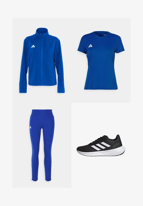 adidas Performance ADIZERO ESSENTIALS - Running jacket - team royal blue; Blue short-sleeve athletic t-shirt with a round neckline; made of lightweight fabric; features a white Adidas logo on the left shoulder.; Blue athletic leggings featuring a high waistband, made from stretchy material, with a white logo on the left hip and discreet hems.; Black athletic shoe with mesh upper and white three-stripe design. Features a cushioned sole and textured rubber outsole for grip.