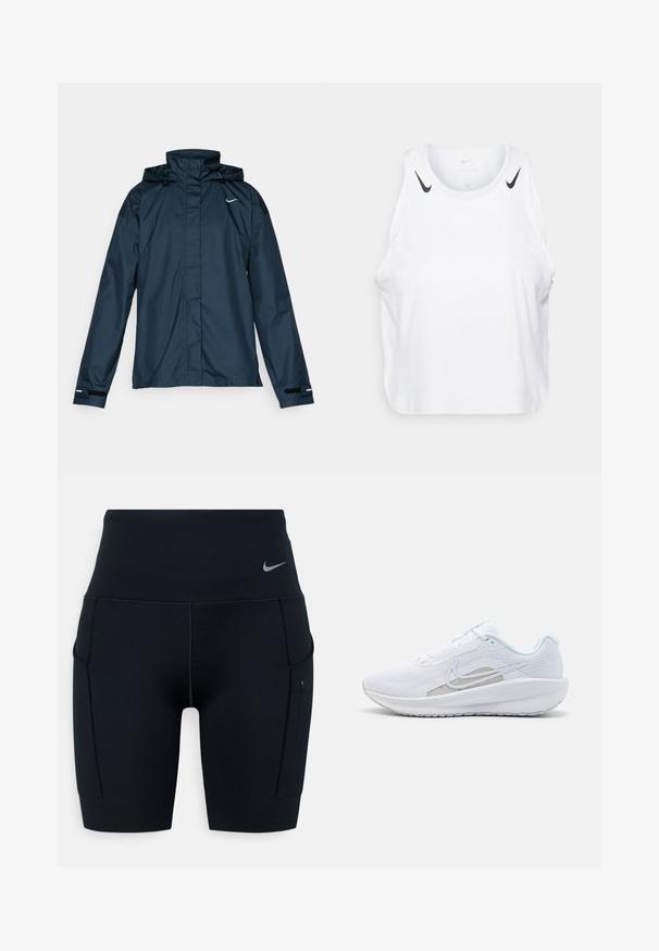 Nike Performance FAST REPEL - Chaqueta de running - armory navy/black/reflective silver; Top sin mangas blanco de tela ligera, con detalles del logo negro de Nike en los hombros, escote redondo y ajuste holgado.; Shorts deportivos negros de talle alto hechos de material elástico; cuentan con bolsillos laterales y un pequeño logotipo de Nike en la cinturilla.; Zapatilla deportiva blanca con parte superior de malla, punta redondeada y suela texturizada. Presenta un swoosh de Nike plateado y un diseño minimalista.