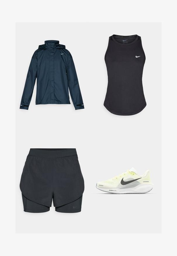 Nike Performance FAST REPEL - Running jacket - armory navy/black/reflective silver; Black athletic tank top made from moisture-wicking material. Features a round neckline, slim fit, and white Nike logo on the chest.; Black athletic shorts with a layered design, featuring a smooth outer layer and fitted inner shorts. Made of lightweight, stretch fabric.; Nike running shoes with a light yellow and white mesh upper, grey accents, and a flexible rubber sole. Features a lace-up closure.