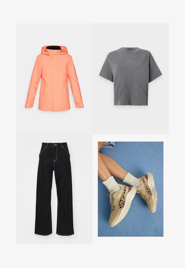 Jachetă din coral rezistentă la apă, cu glugă, fermoar frontal și buzunare laterale. Are o textură netedă și manșete ajustabile.; Tricou scurt cu mâneci scurte, gri, croppat, cu guler rotund și un mic logo alb "carhartt" centrat în față.; Jeans negri, cu pantaloni evazați, din denim, caracterizându-se prin cusături albe contrastante și închidere cu un nasture în față, având două buzunare frontale înclinate.; Picioare încrucișate purtând adidași Puma bej cu dungi cu imprimeu leopard și șosete crem cu volănașe pe un covor albastru.