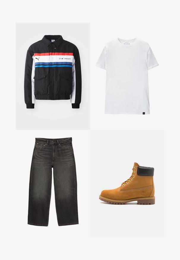 Črna bombar jakna z rdečimi, belimi in modrimi vodoravnimi črtami. Ima dva sprednja žepa ter elastične manšete in rob. Na prsih je natisnjena logo.; Bela majica oprijetog kroja izrađena od pamuka. Okrugli izrez, kratki rukavi, glatka tekstura. Mala crna oznaka na rubu. Jednostavan dizajn.; Črne široke jeans hlače iz denima z sprednjimi žepi, zankami za pas in gumbom za zapiranje, z blagim bledenjem in gubami.; Svetlo rjave anklne čizme iz semiša z črnim oblazinjenim ovratnikom, zlatimi kovinskimi očesci, belimi šivi in robustnim gumijastim podplatom s izrazitimi tredi.