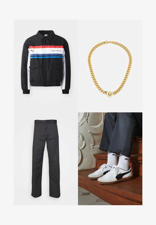 Black bomber jacket with red, white, and blue horizontal stripes. Features two front pockets and elastic cuffs and hem. Logo printed on chest.; Three white ribbed tank tops made of cotton. Features a crew neck and small black labels near the hem. Available in multiple sizes.; Black pants made of durable fabric, featuring a straight leg design, a waistband with belt loops, and seams for added texture.; Puma sneakers in white and black suede, featuring a brown rubber sole. Paired with white socks displaying a black logo, worn with dark pants.; Gold chain necklace with large interlocking links, featuring a circular pendant detail at the center with a raised emblem.