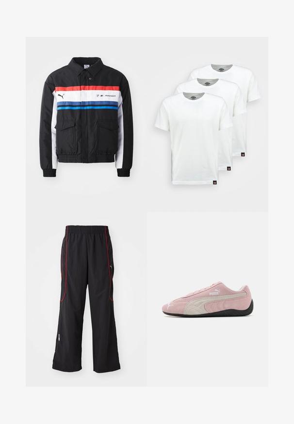 Crna bomber jakna s crvenim, bijelim i plavim horizontalnim prugama. Ima dva prednja džepa te elastiku na manžetama i donjem rubu. Logo otisnut na prsima.; Tri obične bijele pamučne majice kratkih rukava. Svaka majica ima okrugli izrez i malu crnu oznaku s logom sa lijeve strane.; Crne sportske hlače s elastičnim pojasom, crvenim bočnim rubovima, džepovima s patentnim zatvaračem i slobodnim krojem. Izrađene od laganog, teksturiranog materijala.; Ružičaste suede tenisice s sivim akcentima, elegantan dizajn, teksturirani gornji dio i crna gumena potplat. Sadrži Puma logotip sa strane.