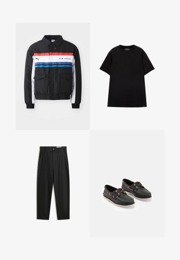 Czarna kurtka bombka z poziomymi paskami w kolorach czerwonym, białym i niebieskim. Posiada dwie przednie kieszenie oraz elastyczne mankiety i dolną krawędź. Logo nadrukowane na klatce piersiowej.; PULL&BEAR - T-shirt basic; Czarne bawełniane spodnie o luźnym kroju, z klasycznym pasem, przednimi plisy oraz bocznymi kieszeniami. Gładka struktura, bez wzorów.; Morskie skórzane buty żeglarskie z żółtym przeszyciem, czerwonymi sznurówkami i srebrnymi oczkami; okrągły czubek; biała gumowa podeszwa.